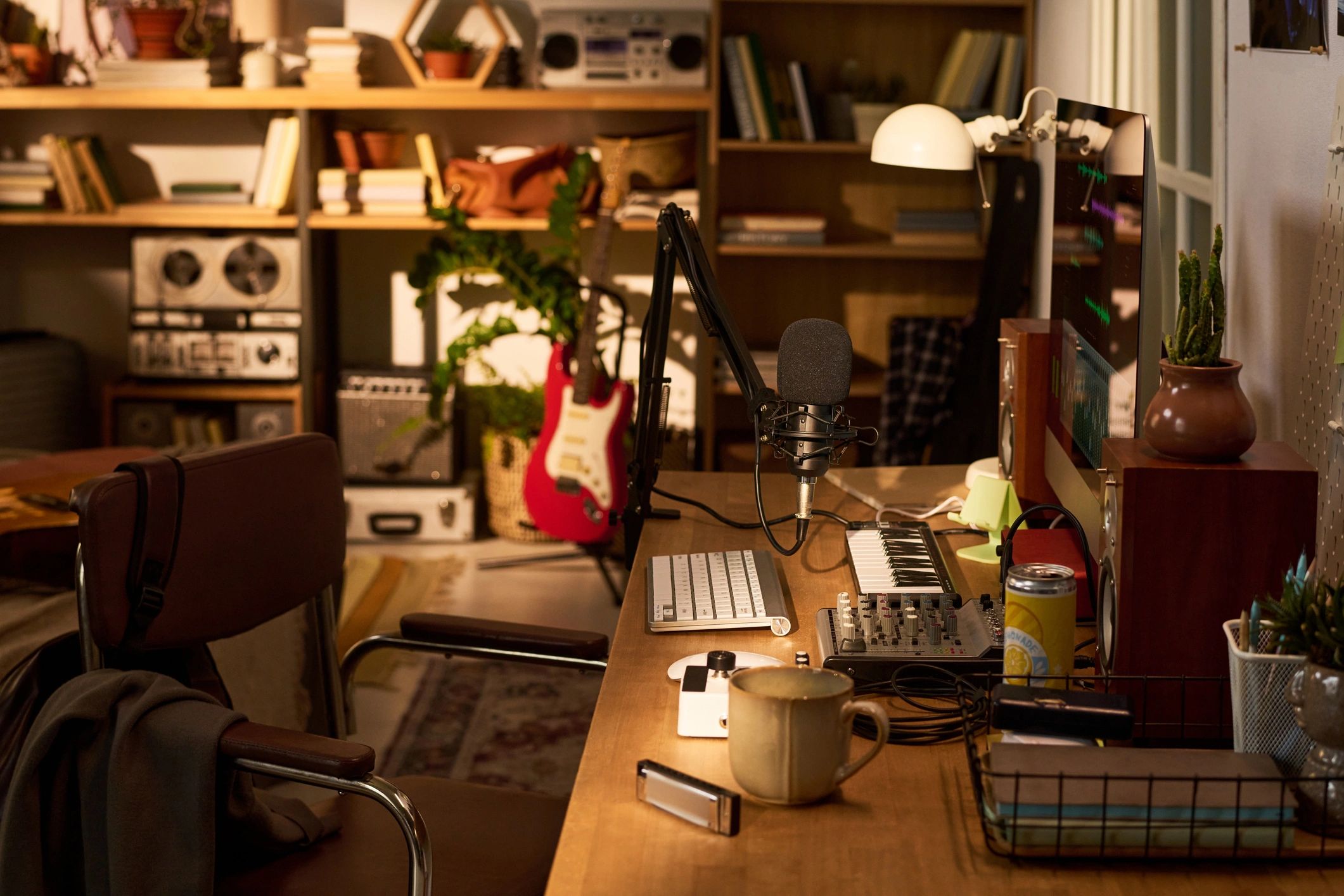 Podcast studio microphone and recording setup